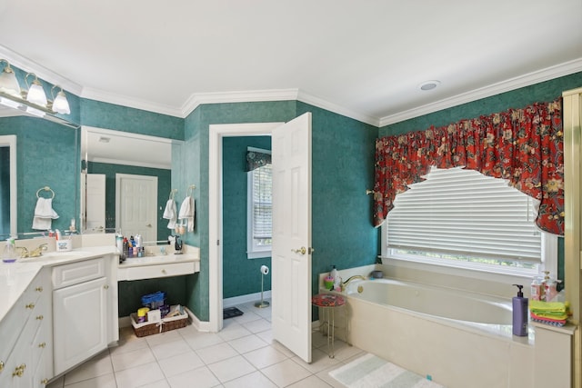 bathroom with vanity, a tub to relax in, tile patterned floors, and ornamental molding