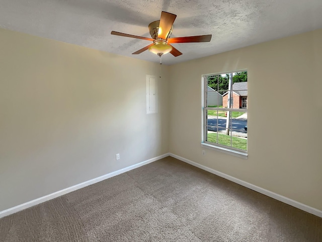 unfurnished room featuring a textured ceiling, carpet floors, plenty of natural light, and ceiling fan