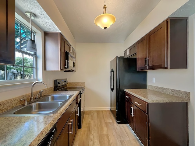 kitchen with dark brown cabinetry, sink, black appliances, light hardwood / wood-style flooring, and hanging light fixtures