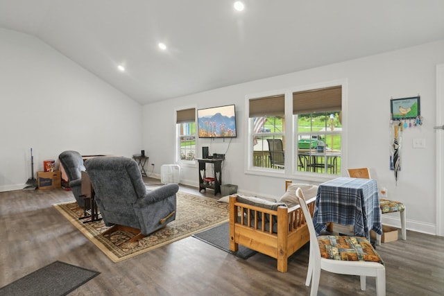 living room with vaulted ceiling and dark hardwood / wood-style flooring