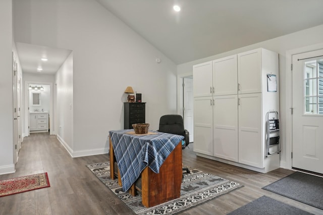 living area with hardwood / wood-style flooring, high vaulted ceiling, and sink