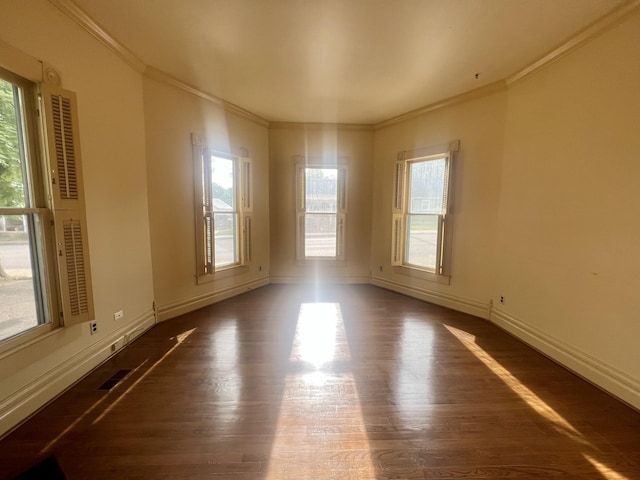 spare room featuring dark hardwood / wood-style flooring and crown molding