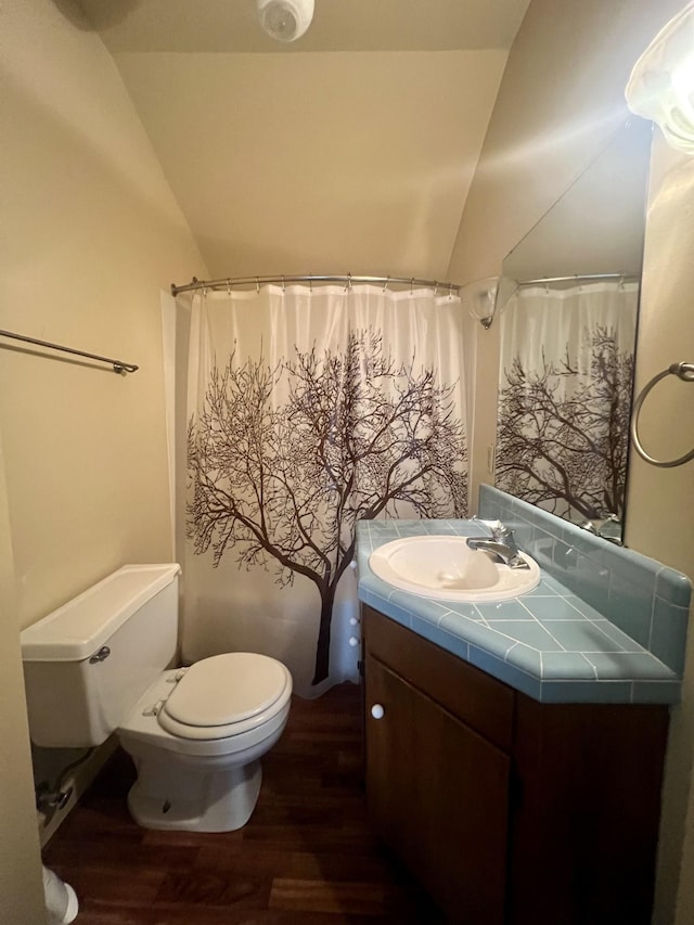 bathroom featuring lofted ceiling, a shower with shower curtain, hardwood / wood-style flooring, toilet, and vanity