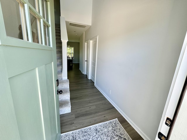 hall featuring dark wood-type flooring