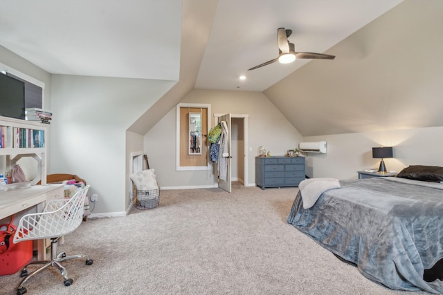 carpeted bedroom featuring vaulted ceiling, a wall mounted air conditioner, and ceiling fan