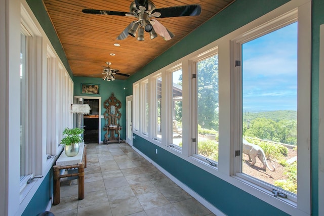 unfurnished sunroom featuring wood ceiling and a healthy amount of sunlight