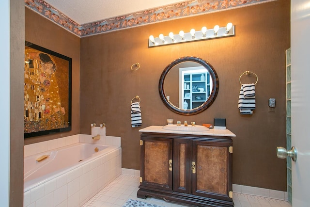 bathroom with vanity, a relaxing tiled tub, and tile patterned floors