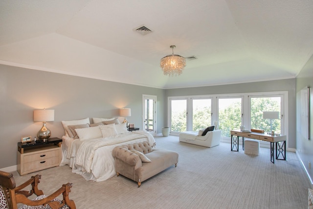 carpeted bedroom with ornamental molding, a raised ceiling, and vaulted ceiling