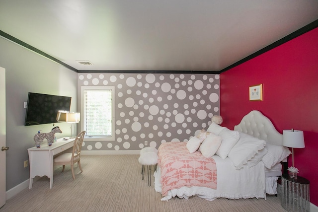 bedroom featuring ornamental molding and light carpet