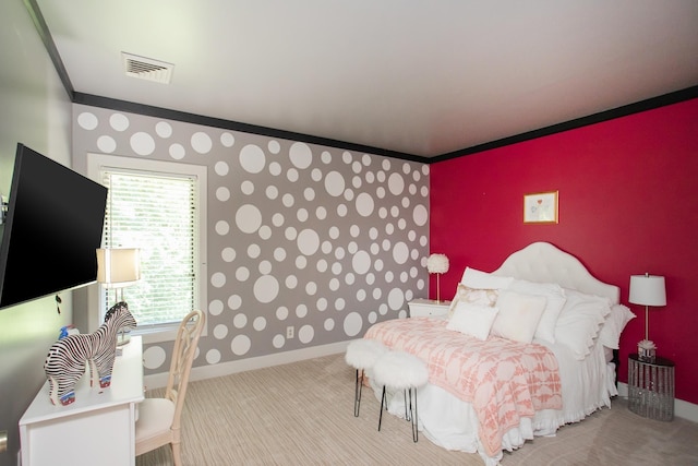 carpeted bedroom with ornamental molding