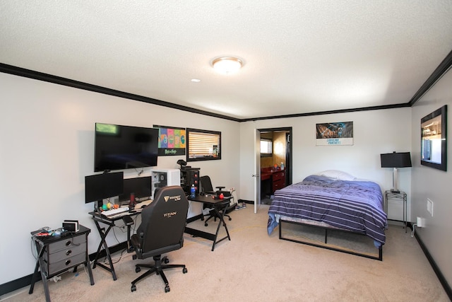 carpeted bedroom with ornamental molding and a textured ceiling