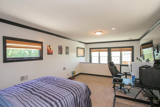 carpeted bedroom featuring crown molding and a textured ceiling