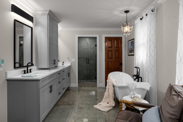 bathroom with vanity, crown molding, and plus walk in shower