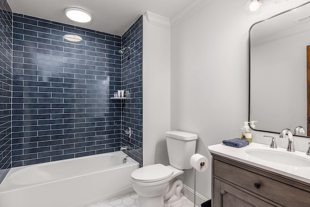 full bathroom with tile patterned floors, bathtub / shower combination, vanity, crown molding, and toilet