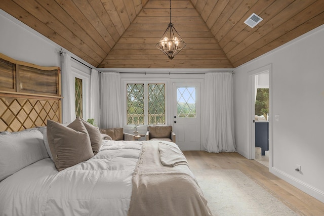 bedroom with light hardwood / wood-style floors, access to exterior, wooden ceiling, and an inviting chandelier