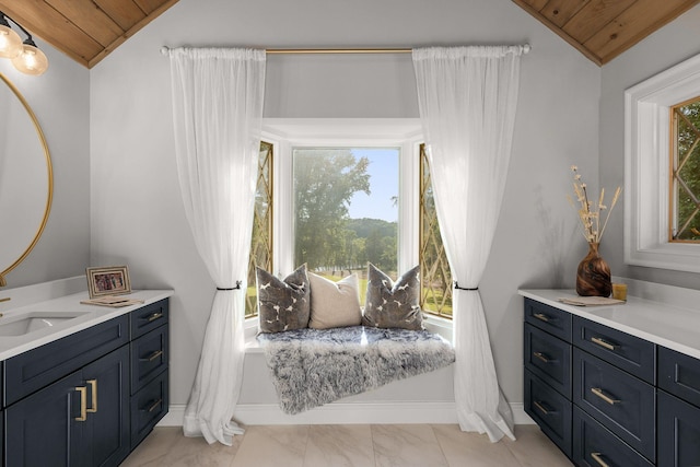 bathroom with lofted ceiling, a healthy amount of sunlight, and wood ceiling