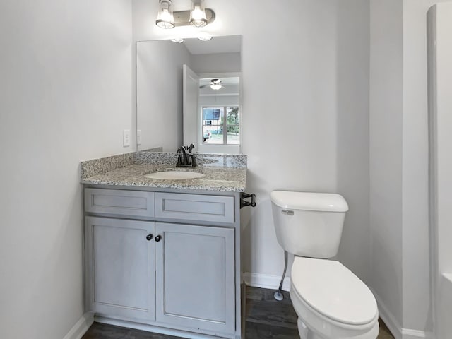 bathroom with ceiling fan, vanity, and toilet