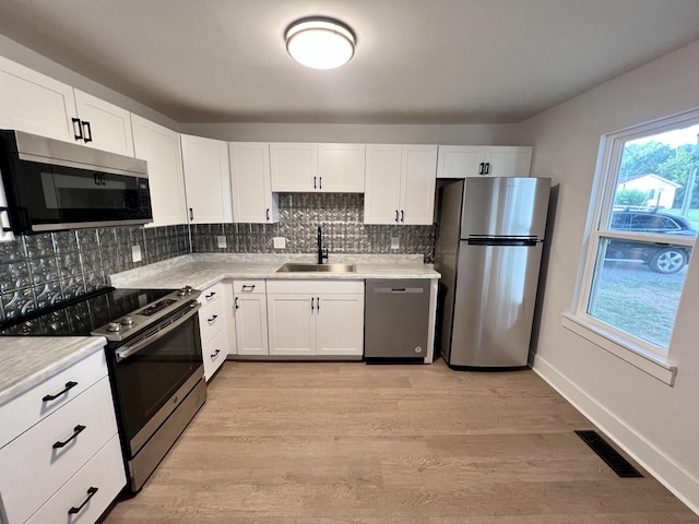 kitchen with sink, stainless steel appliances, white cabinets, decorative backsplash, and light wood-type flooring