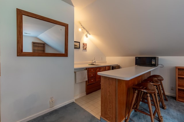 bar featuring lofted ceiling, track lighting, light colored carpet, and sink