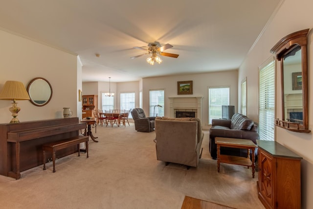 160 Sinking Creek Rd, Petersburg, TN 37144 - living area featuring ceiling fan, light carpet, healthy amount of natural light, and a fireplace