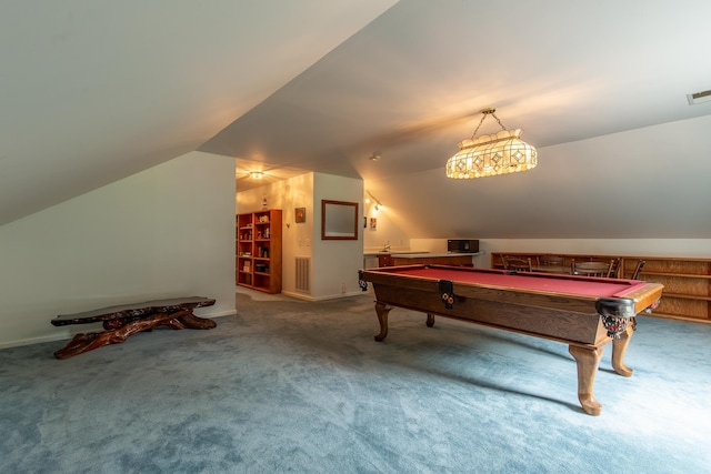 game room featuring pool table, carpet, and vaulted ceiling