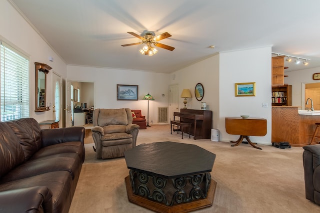 living room featuring light carpet, ceiling fan, sink, and track lighting