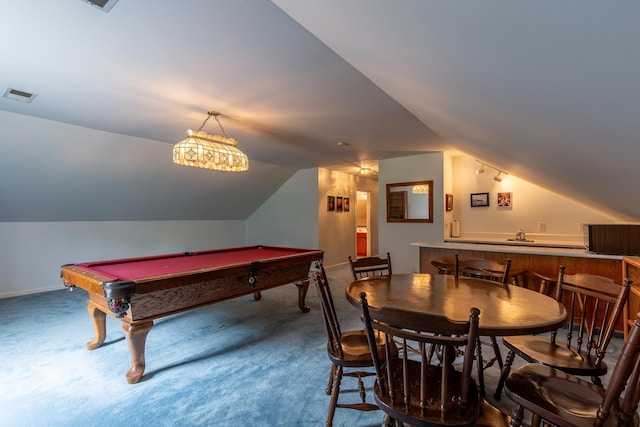 160 Sinking Creek Rd, Petersburg, TN 37144 - playroom featuring vaulted ceiling, carpet, pool table, and baseboards