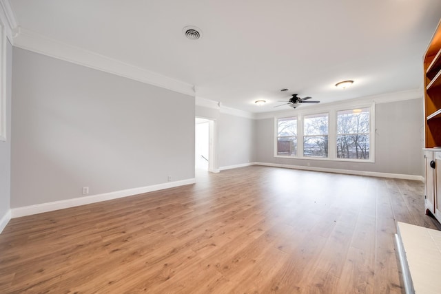 unfurnished living room featuring crown molding, ceiling fan, and light hardwood / wood-style flooring