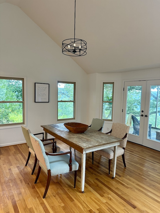 dining room with a healthy amount of sunlight, french doors, and light wood-type flooring