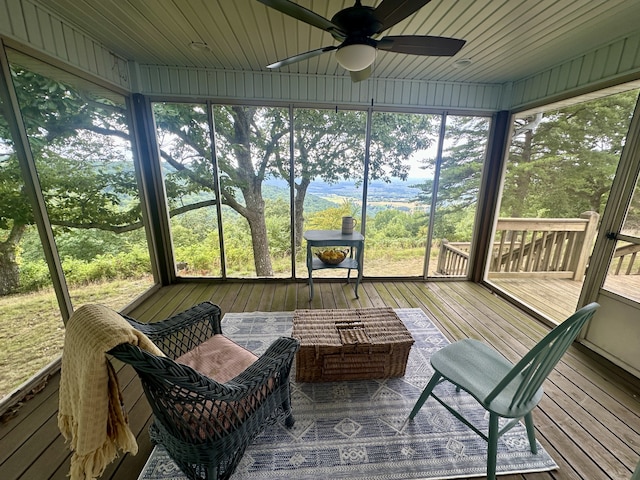 sunroom with wooden ceiling, ceiling fan, and a wealth of natural light