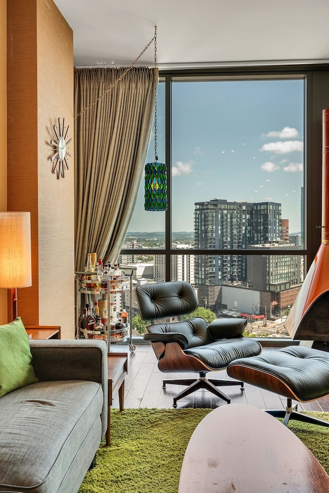 living room with a wall of windows