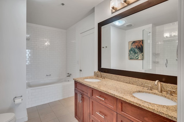 full bathroom with tile patterned flooring, toilet, enclosed tub / shower combo, and dual bowl vanity