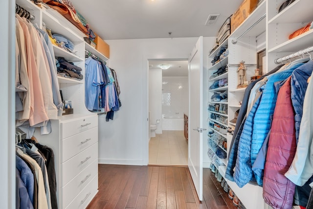 spacious closet featuring dark hardwood / wood-style flooring