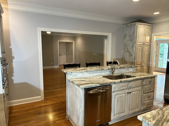 kitchen featuring stainless steel appliances, sink, light stone counters, crown molding, and dark wood-type flooring