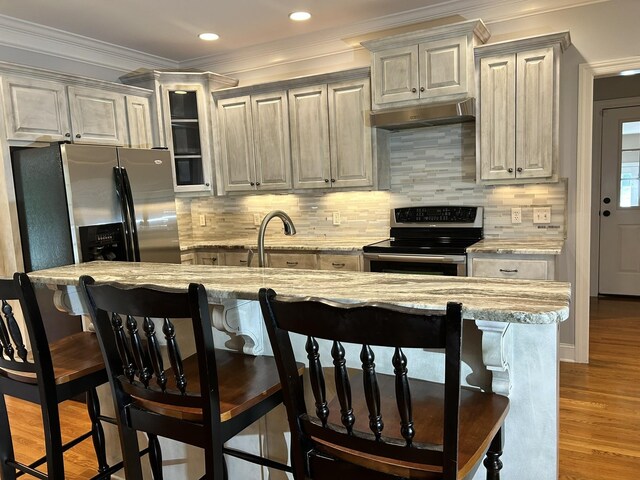 kitchen with light stone countertops, tasteful backsplash, light wood-type flooring, and stainless steel appliances