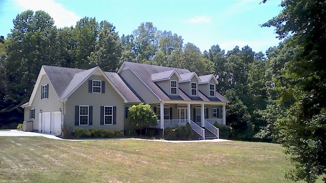 cape cod home with a porch, a garage, and a front lawn