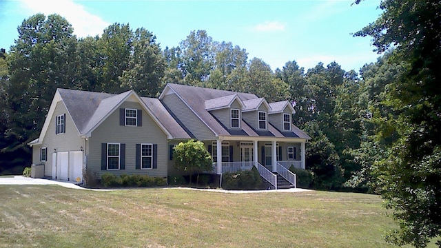 cape cod house featuring a porch, an attached garage, driveway, and a front lawn