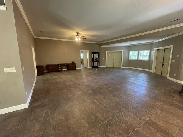 unfurnished living room with ceiling fan and crown molding