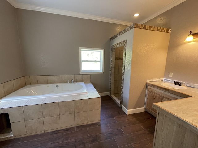 bathroom featuring shower with separate bathtub, vanity, and ornamental molding