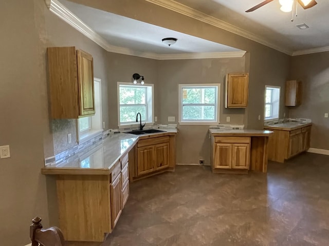 kitchen featuring kitchen peninsula, ceiling fan, sink, and ornamental molding