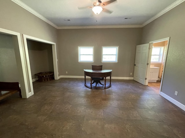 dining space featuring ceiling fan and crown molding