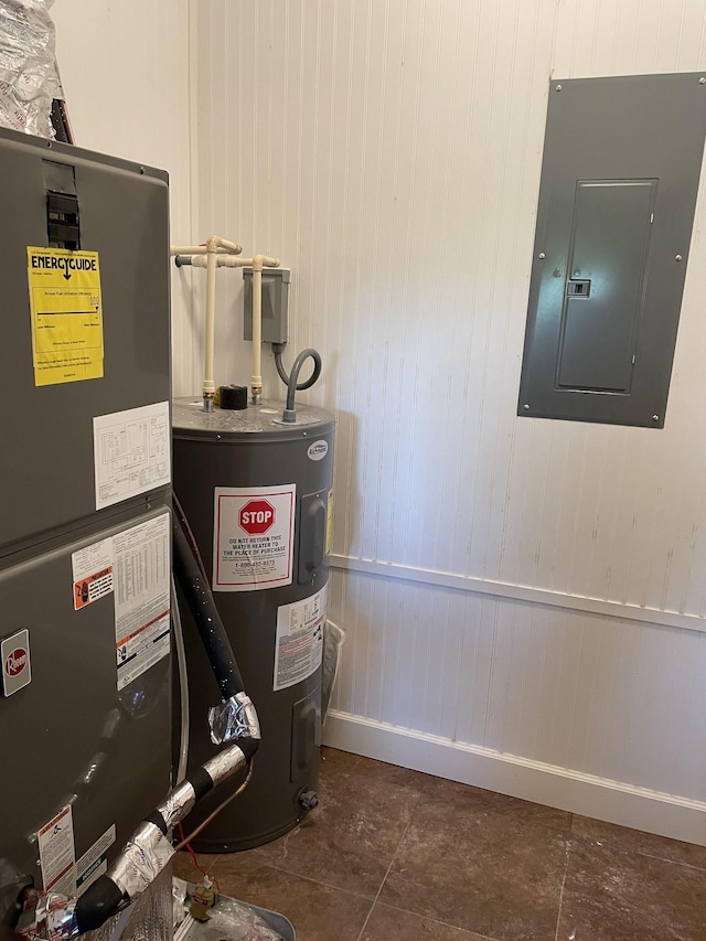 utilities featuring heating unit, electric panel, and water heater