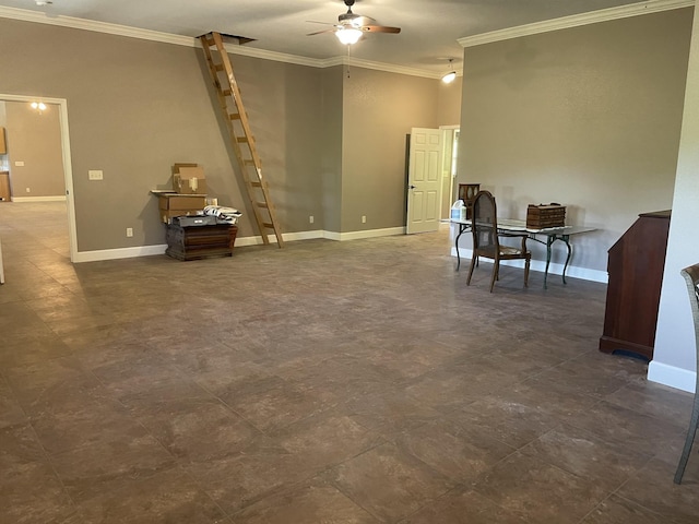 interior space featuring ceiling fan and ornamental molding