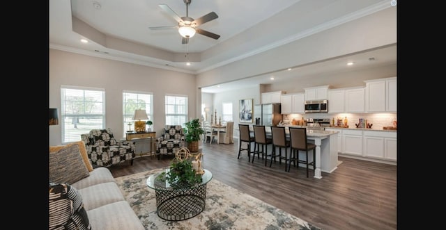 living room with dark wood-type flooring, ceiling fan, ornamental molding, and a tray ceiling