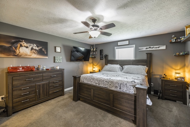 bedroom with carpet flooring, a textured ceiling, and ceiling fan