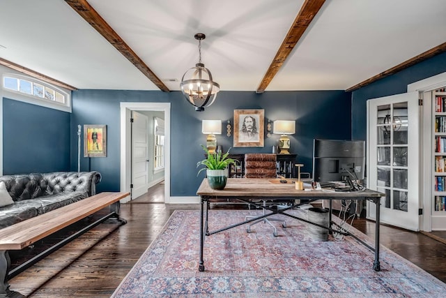 office with beam ceiling, dark hardwood / wood-style floors, and an inviting chandelier