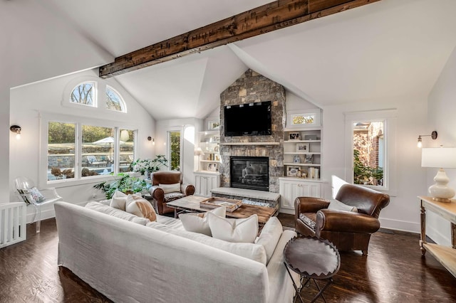 living room featuring high vaulted ceiling, dark hardwood / wood-style floors, a stone fireplace, and beam ceiling