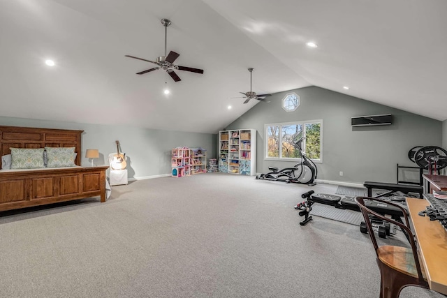 exercise room featuring light carpet, vaulted ceiling, ceiling fan, and a wall mounted AC