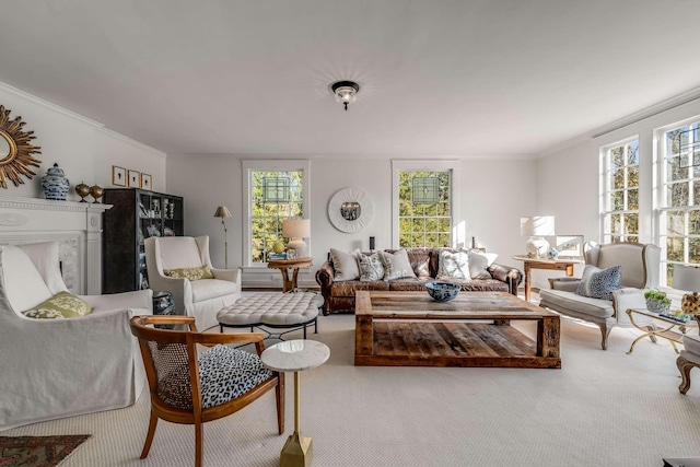 carpeted living room featuring ornamental molding