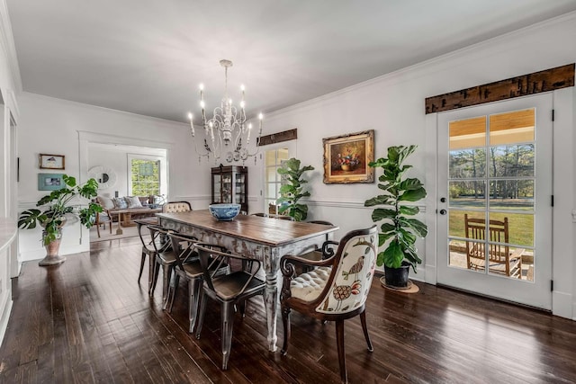 dining area with ornamental molding, dark wood-type flooring, and a chandelier